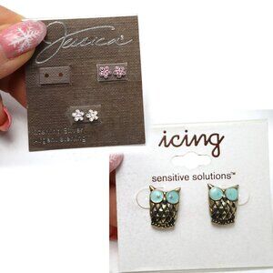 Vintage Jessica Sterling Silver & Brass Owl Earrings Bird Fashion Crystal